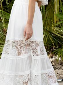 VERO DIAZ Designer Women Boho Bohemian White Lace Chiffon Layered Panels Elastic Waistband Elegant Long Skirt For Spring & Summer Vacation, Beach, Cruise, Festival, Concert, Elegant, Ibiza Fits - White - View 8