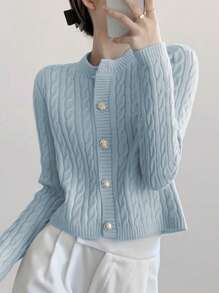 EMERY ROSE 女式粗针织图案长袖单排扣开衫，秋冬款 - 藍色 - 查看 1