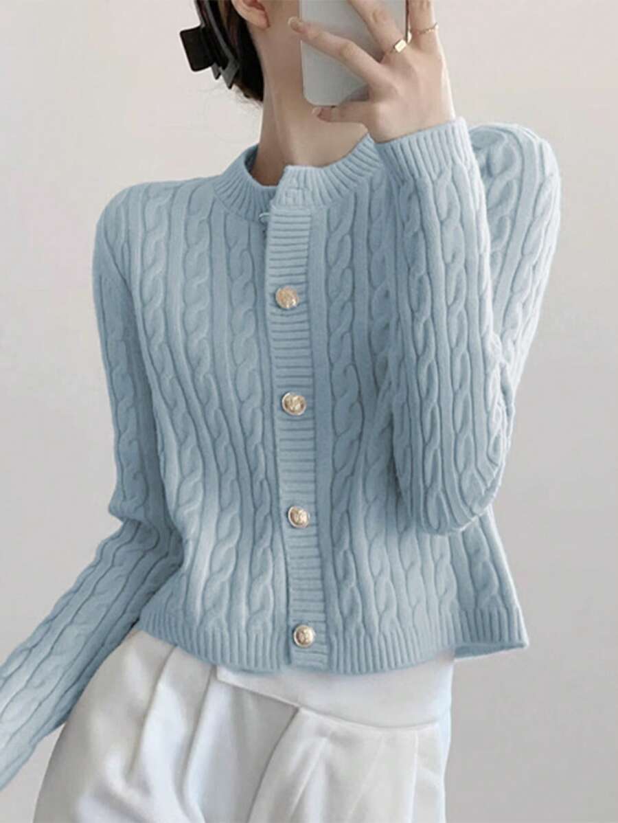 EMERY ROSE 女式粗针织图案长袖单排扣开衫，秋冬款 - 藍色 - 查看 1