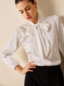 Poéselle Tie Neck Lantern Sleeve Blouse - White - View 2