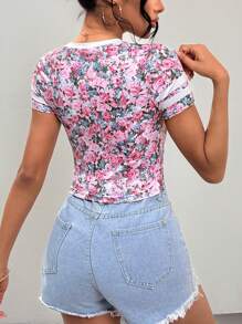 INAWLY Women's High Waist Fitted Ditsy Floral & Numeric Print T-Shirt, Spring/Summer - Multicolor - View 2