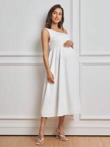 MaterniWear 孕妇不对称领口长款优雅连衣裙 - 白色 - 查看 6