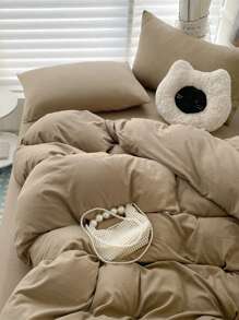 3pcs Coffee Color Comfortable Dorm Bedding Set, 1 Duvet Cover, 2 Pillow Shams Without Filler, Machine Washable