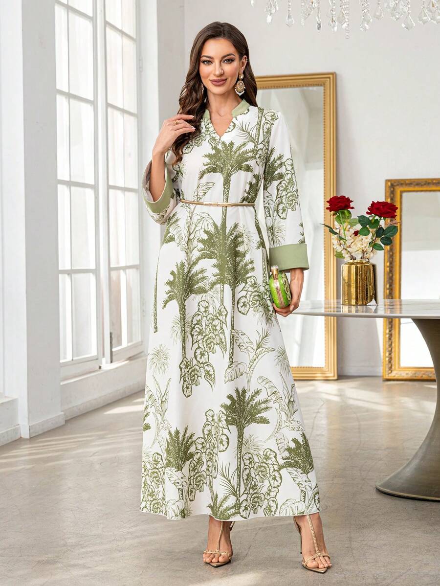 Al Najma Women's Elegant Palm Tree Print Maxi Dress, Modest Kaftan - Green - View 1