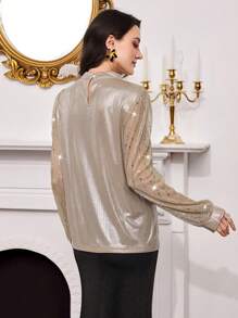 Modelyn Sequins Patchwork Long Sleeve Women Shirt - Gold - View 2