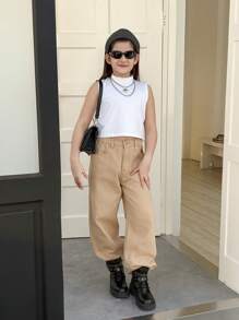 SHEIN Jeans básicos informales de pierna ancha 3/4 de color blanco para niñas