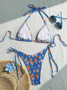 SHEIN Swim Women Floral And Fruit Print Halter Neck Tie Side Bikini Swimwear Set, Fashionable Summer Beach Vacation Beachwear - Multicolor - View 2