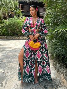 SHEIN SXY Vestido mini de mangas de linterna sexy con estampado geométrico hueco para mujer durante las vacaciones - Multicolor - Ver 7