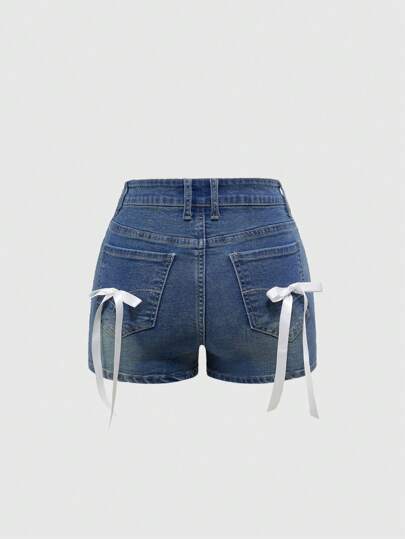 Kawaii Short en jean pour femmes avec décoration de nœud blanc style ballet, doux et épicé à l'américaine