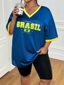 SHEIN EZwear Plus Size Summer Jersey Top, Loose Fit Sports Colorblock Letter Print T-Shirt