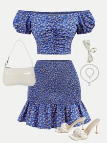 SHEIN Girlism Teen Girls Casual Blue Ditsy Floral Off Shoulder Ruffle Bow Decor Cropped Top And Ruffle Hem Skirt 2 Pieces Outfit Set, Spring/Summer, Vacation - Blue - View 1