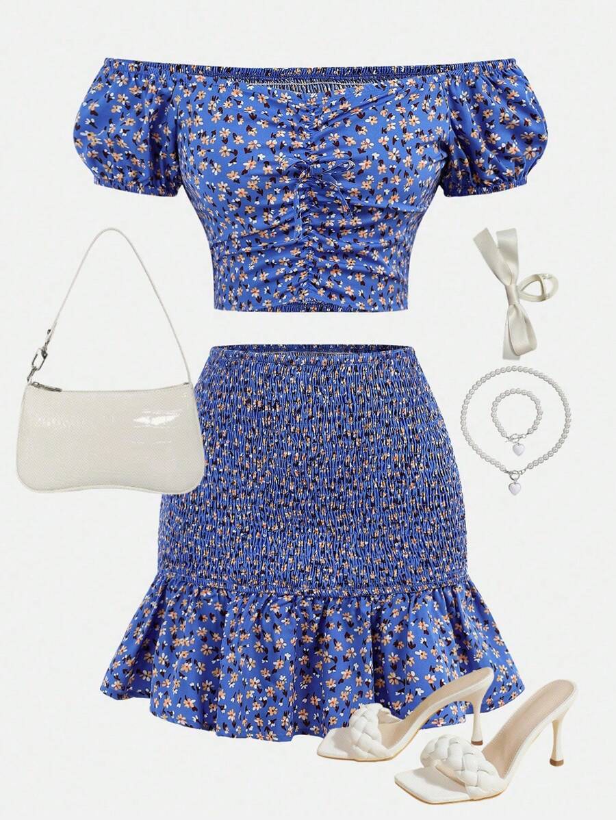 SHEIN Girlism Teen Girls Casual Blue Ditsy Floral Off Shoulder Ruffle Bow Decor Cropped Top And Ruffle Hem Skirt 2 Pieces Outfit Set, Spring/Summer, Vacation - Blue - View 1
