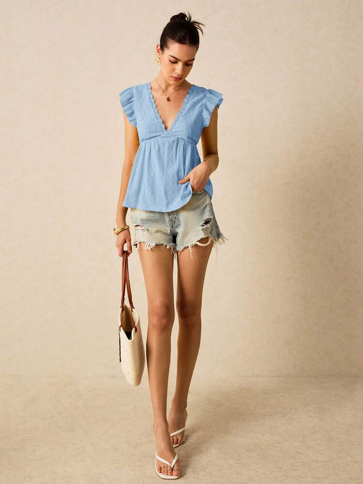 Poéselle Summer Beach Vacation Knitted Jacquard Short Sleeve T-Shirt - Baby Blue - View 3