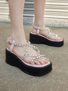 Sugerpunk Różowe sandały dla kobiet, letnie sandały z odkrytymi palcami i skrzyżowanymi paskami, błyszczące buty wizytowe z kryształkami, przezroczyste sandały na platformie z kryształkami