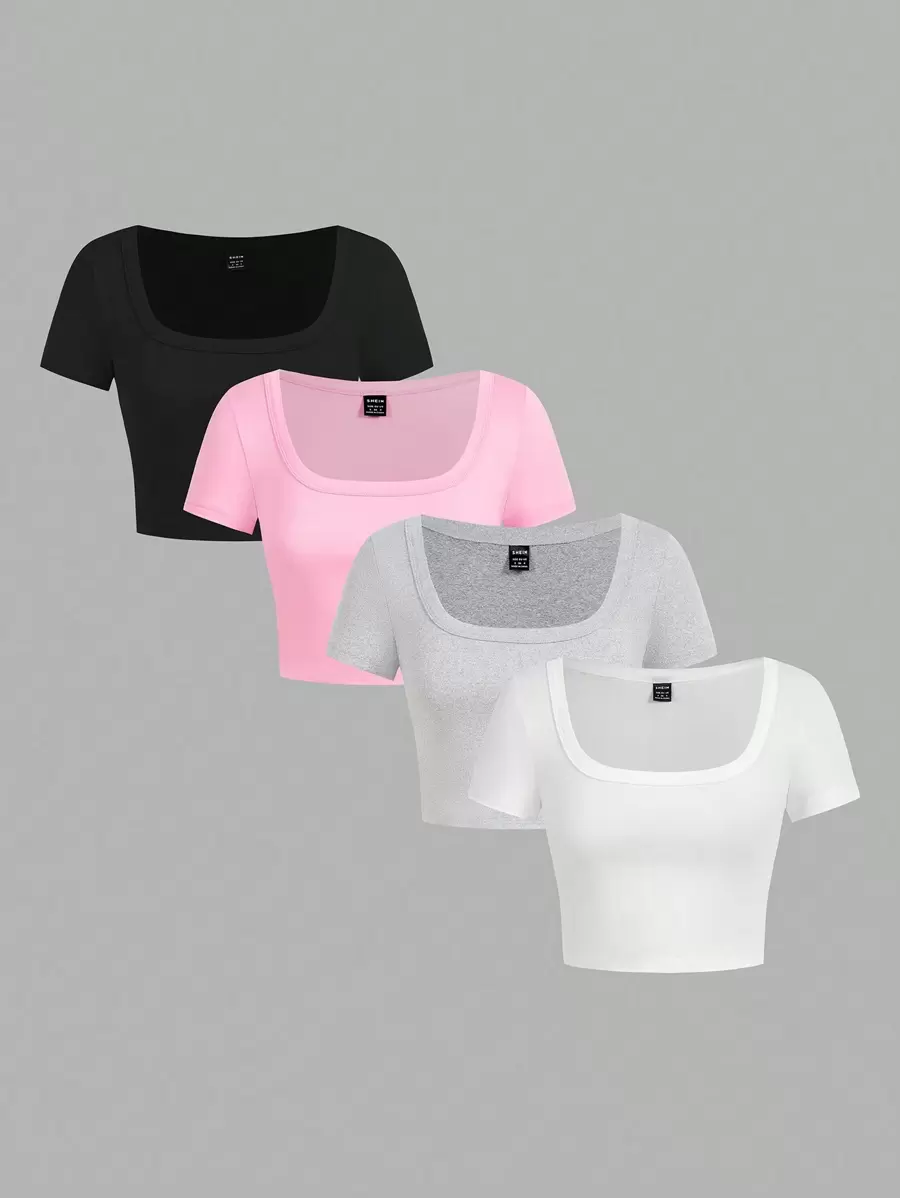 SHEIN EZwear 4 件套休闲简约图案圆领和方领修身短款短袖 T 恤女款，适合夏季 - 彩色 - 查看 1