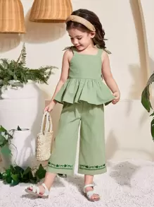 SHEIN Leap Crew Set de 2 piezas para niñas jóvenes que incluye top con tirantes y dobladillo A y pantalones anchos casuales bordados. Adecuado para uso diario de niñas, festivales, eventos familiares y ocasiones especiales, regreso a casa, primavera y verano, perfecto para vacaciones. - Verde - Ver 4
