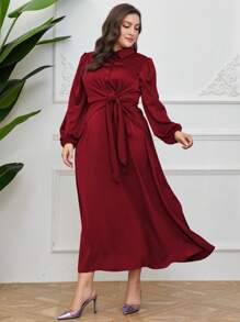 Modelyn Women's Plus Size Lantern Sleeve Layered Dress With Tie Bow, Elegant Satin Party Dress - Multicolor - View 6
