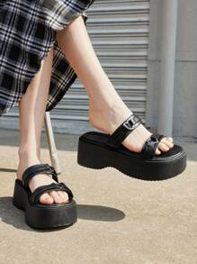 Sugerpunk Women's Dark Gothic Heart Buckle Open Toe Platform Sandals, Punk Style Beach Vacation Wedge Slide Slippers - Black - View 5