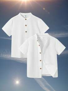 SHEIN 2 stuks Kids Boy Casual Stand Collar Half-Zip Loose Woven Short Sleeve Shirt Multi-Pack, 2 Stijlen 1 Van Elk, Geschikt Voor Woon-werkverkeer, School, Dagelijkse Kleding, Reizen, Sport, Lente, Zomer, Herfst, Winter
