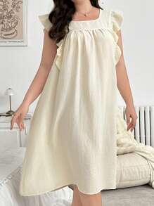 SHEIN Đầm suông rộng rãi màu trơn viền bèo cỡ lớn thường ngày - Màu be - Xem 1