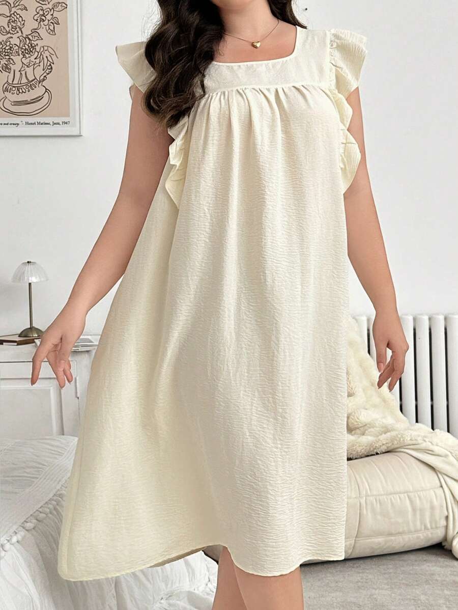 SHEIN Đầm suông rộng rãi màu trơn viền bèo cỡ lớn thường ngày - Màu be - Xem 1