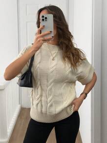 EURMUSE Women Retro Unique Design Raglan Sleeve Round Neck Rib Knit Short Sleeve Sweater, Flattering For Autumn - White - View 3