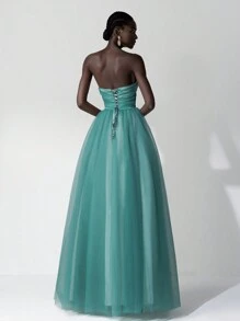 SHEIN Belle Elegante vestido de noche de tul verde bosque con escote con profunda abertura en V, detalles de lujo con cuentas y bajo asimétrico, con lazo ajustable en la espalda. Vestido de fiesta, invitada de boda, vestido formal, vestido de noche. - Verde - Ver 3
