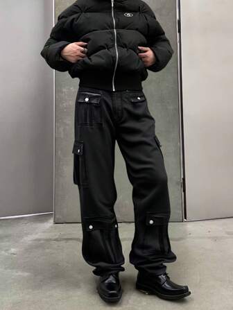 Grunge Punk Jeans décontractés à jambe droite avec poches cargo, coupe ample pour hommes