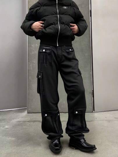 Grunge Punk Jeans décontractés à jambe droite avec poches cargo, coupe ample pour hommes