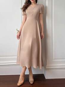 xheDAZY Vestido elegante de verano de unicolor con escote en V, manga corta abullonada y largo hasta la pantorrilla para mujerxhe - Caqui - Ver 2