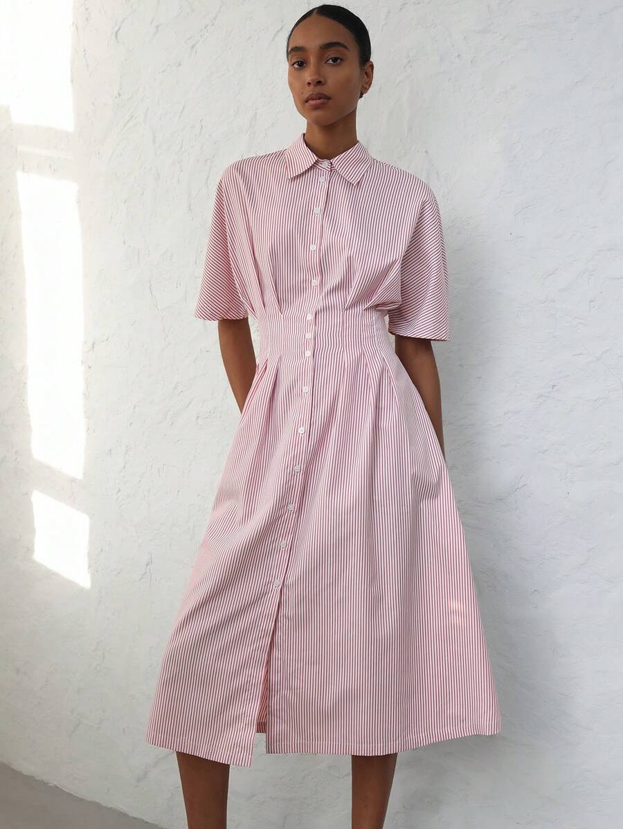 Aveloria Modichic Vintage Red & White Striped Long Dress With Loose Sleeves, Waist Ruched Pleats, Turndown Collar, Dress For Women