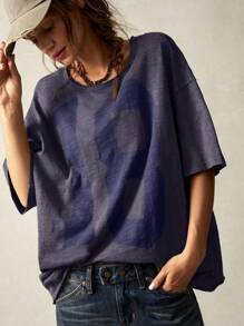 Bohemela Áo thun nữ cổ tròn tay ngắn màu trơn đơn giản rộng rãi thông thường - Màu xanh lam - Xem 5