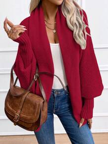 EMERY ROSE Áo khoác cardigan tay cánh dơi màu trơn có cổ áo choàng cho nữ, thường ngày - Màu Đỏ Sâu - Xem 8