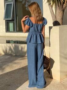 DAZY 女士甜美泡泡袖抽绳上衣和卷边直筒裤套装，荷叶边，女士两件套 - 中等水洗藍 - 查看 4