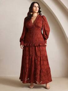 Anewsta Red Elegant Plus Size V-Neck Long Sleeve Satin Maxi Dress,Autumn Patchwork Ruffle Hem Slim Waist Party Dress For Wedding,Formal,Work,Valentine's Day - Burgundy - View 4