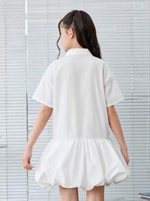 SHEIN Leap Crew 青少年女孩宽松短袖荷叶边下摆休闲衬衫裙 - 白色 - 查看 2