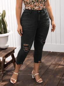 EMERY ROSE 大码女式口袋装饰破洞紧身休闲七分牛仔裤 - 黑色 - 查看 1