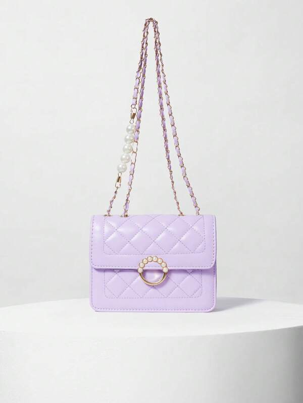 Fashionable Embroidery Thread Small Square Bag With Pearl Chain Strap, Mini Flap Shoulder & Crossbody Bag For Women