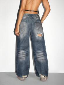 SHEIN ICON Women's Pockets Loose Wide Leg Ripped Casual Jeans - Black - View 2