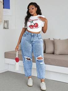 Dripcurv Plus Size Loose Fit Ripped Tapered 7/8 Length Jeans, Blue,Plus Size Tapered 7/8 Length Relaxed Fit Jeans Women High Waist Plicated Detail Roll Hem Pants S Casual Commuter Pants,Women's Plus Size Blue Jeans Elastic Waistband Overalls Summer Jeans Casual Street Wear, Summer / Summer Outfits / Summer Clothes