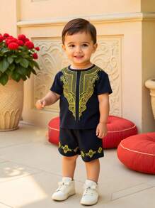 SHEIN 2pcs/Set Baby Boys Casual Traditional Pattern Round Neck Short Sleeve Top & Pants & Hat Set, Suitable For Spring/Summer Home, Outing, Party Wear - Royal Blue - View 15