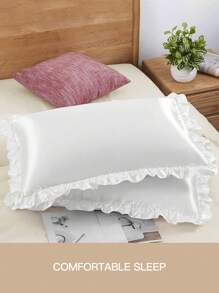 两件套奢华缎面枕套，蕾丝花边，柔软透气，抗皱，呵护头发和肌肤，提升睡眠质量，不含枕芯。适用于家居寝具、宿舍，通过Oeko-Tex认证。 - 白色 - 查看 6