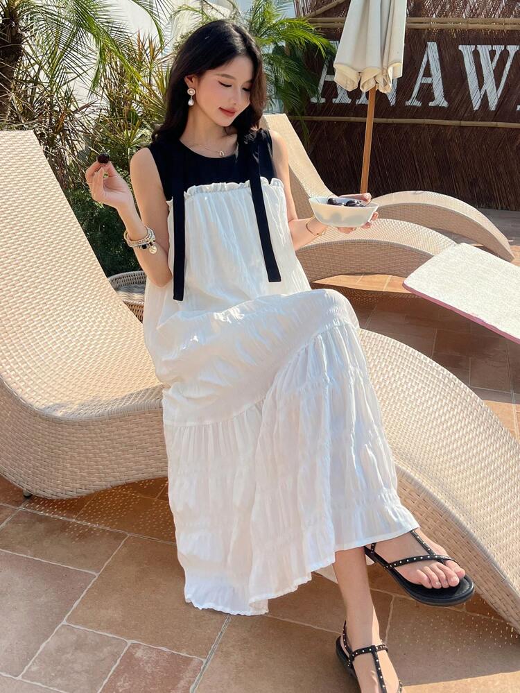 Women's Color Block Sleeveless Midi Casual Dress,Ruffle
