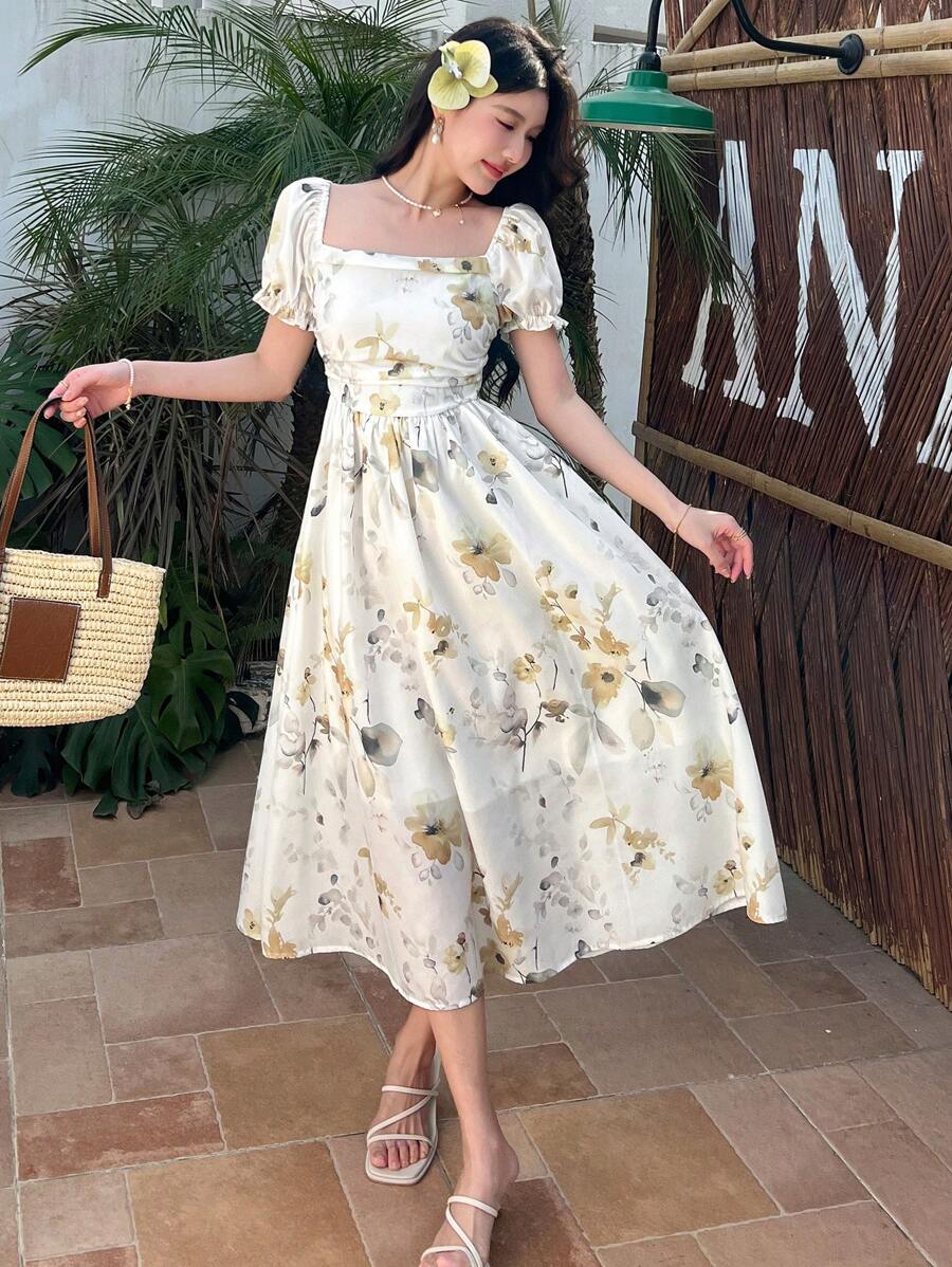 DAZY Đầm dài tay ngắn cổ vuông họa tiết hoa dành cho nữ, thích hợp cho kỳ nghỉ. - Màu vàng - Xem 1