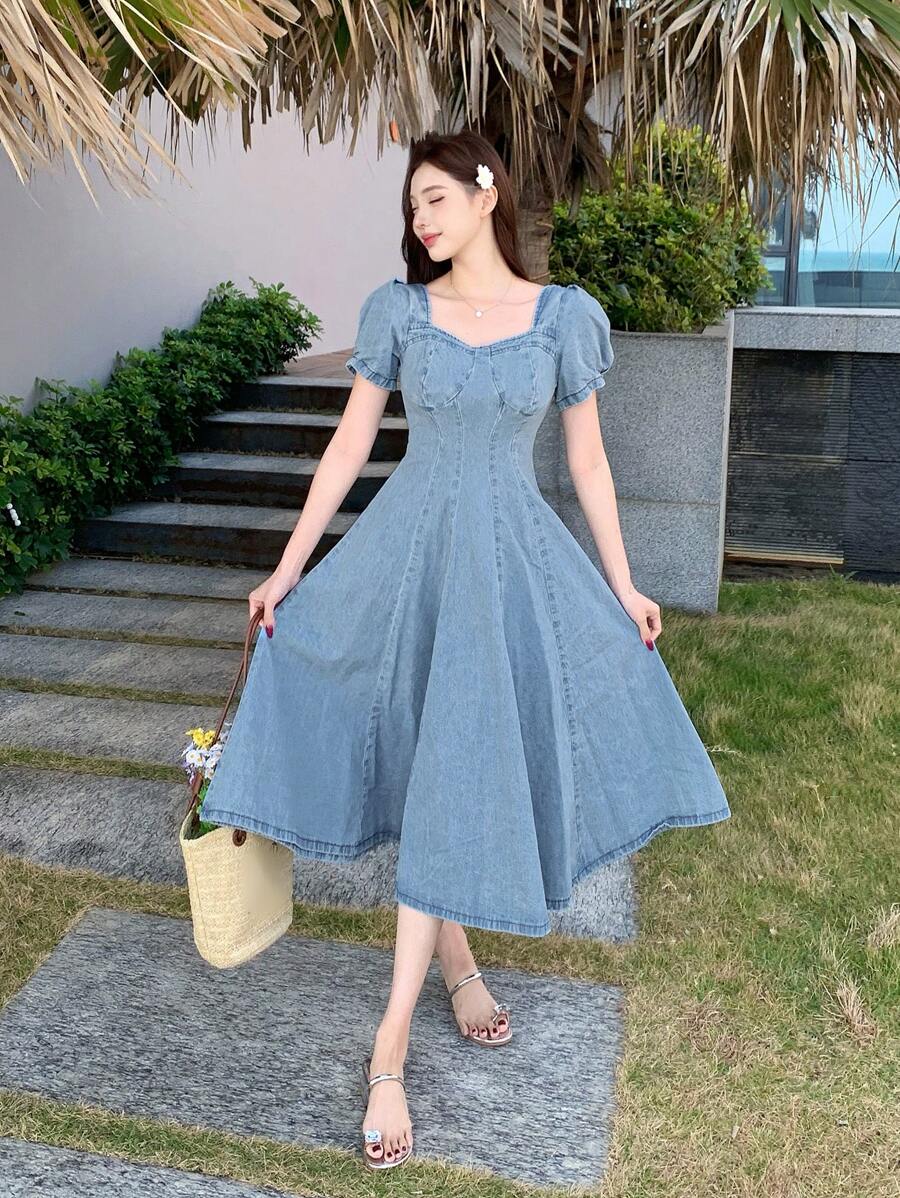 DAZY 女士方领短款泡泡袖牛仔连衣裙 - 淺色水洗藍 - 查看 1