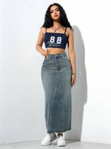 Jeanoix 休闲洗水高腰长款牛仔半身裙 - 深色水洗藍 - 查看 3