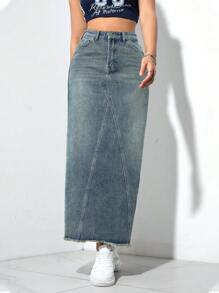 Jeanoix 休闲洗水高腰长款牛仔半身裙 - 深色水洗藍 - 查看 6