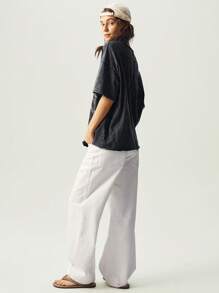 Bohemela Áo thun nữ cổ tròn tay ngắn dệt kim màu trơn đơn giản dễ giặt - màu đen - Xem 7