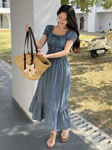 DAZY 女式方领短袖牛仔连衣裙，束腰，夏季 - 中等水洗藍 - 查看 5