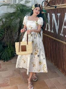 DAZY Đầm dài tay ngắn cổ vuông họa tiết hoa dành cho nữ, thích hợp cho kỳ nghỉ. - Màu vàng - Xem 4